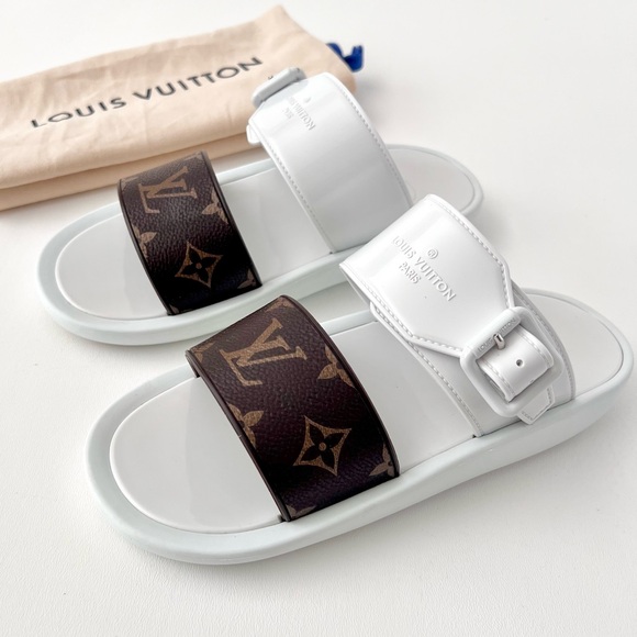 Louis Vuitton Shoes - LOUIS VUITTON | Sunbath White Brown LV Monogram Logo Flats Sandals Buckle US 6